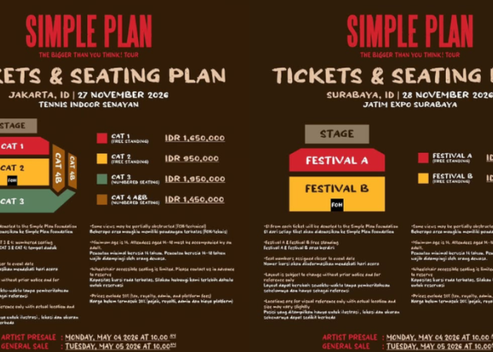 Harga Tiket Konser Simple Plan di Jakarta dan Surabaya 2026, Jadwal Penjualan Dibuka 4 Mei 